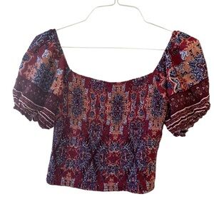 Coco Jaimeson, blue/red/pink floral crop top blouse, Sz Large, stretchy coarse